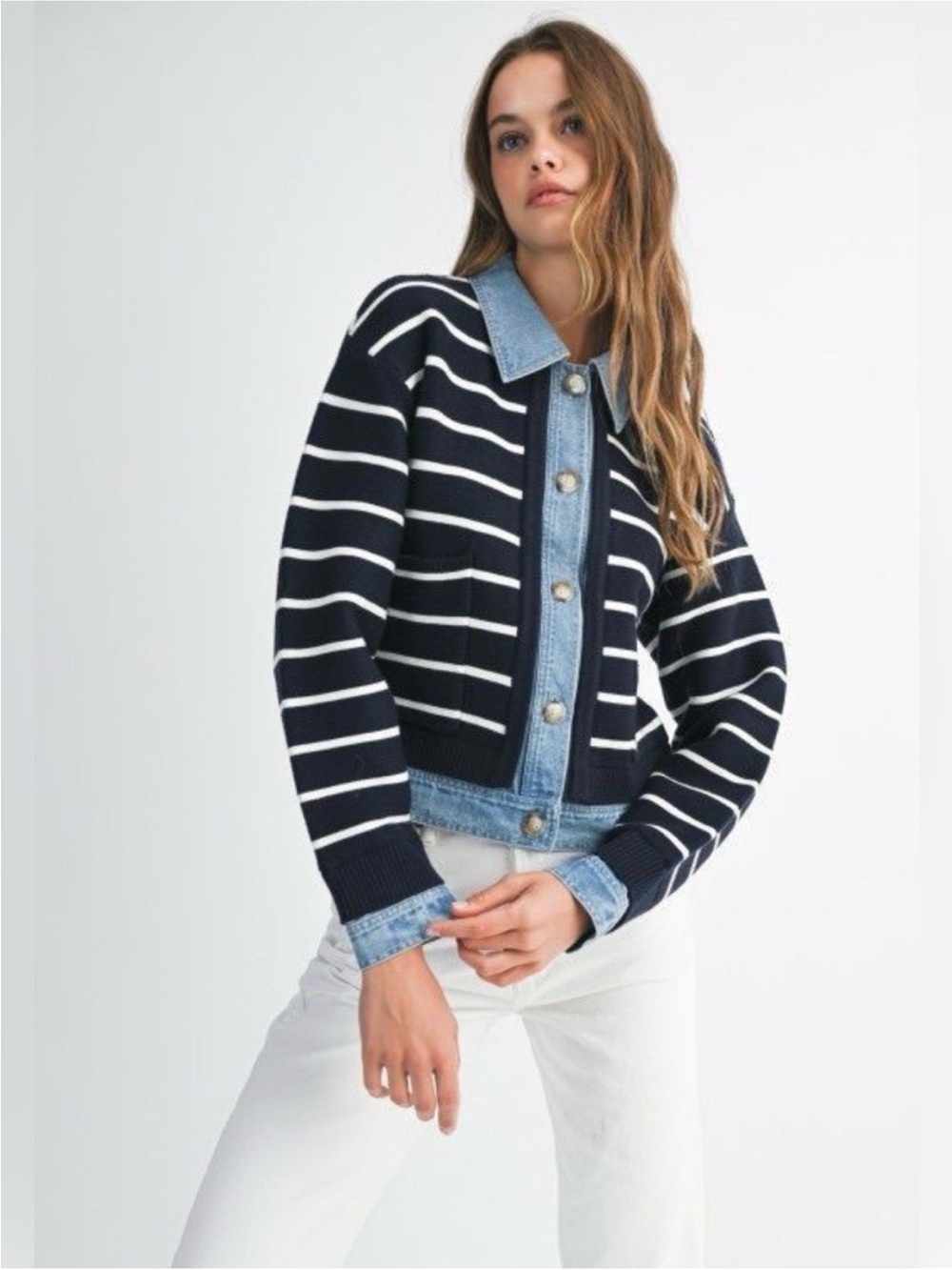 MABLE Navy and White Striped Knit Jean-Trim Jacket - Picture 2 of 8